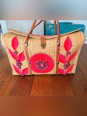 Vintage Handwoven Straw Tote Bag with Hot Pink Floral Embroidery